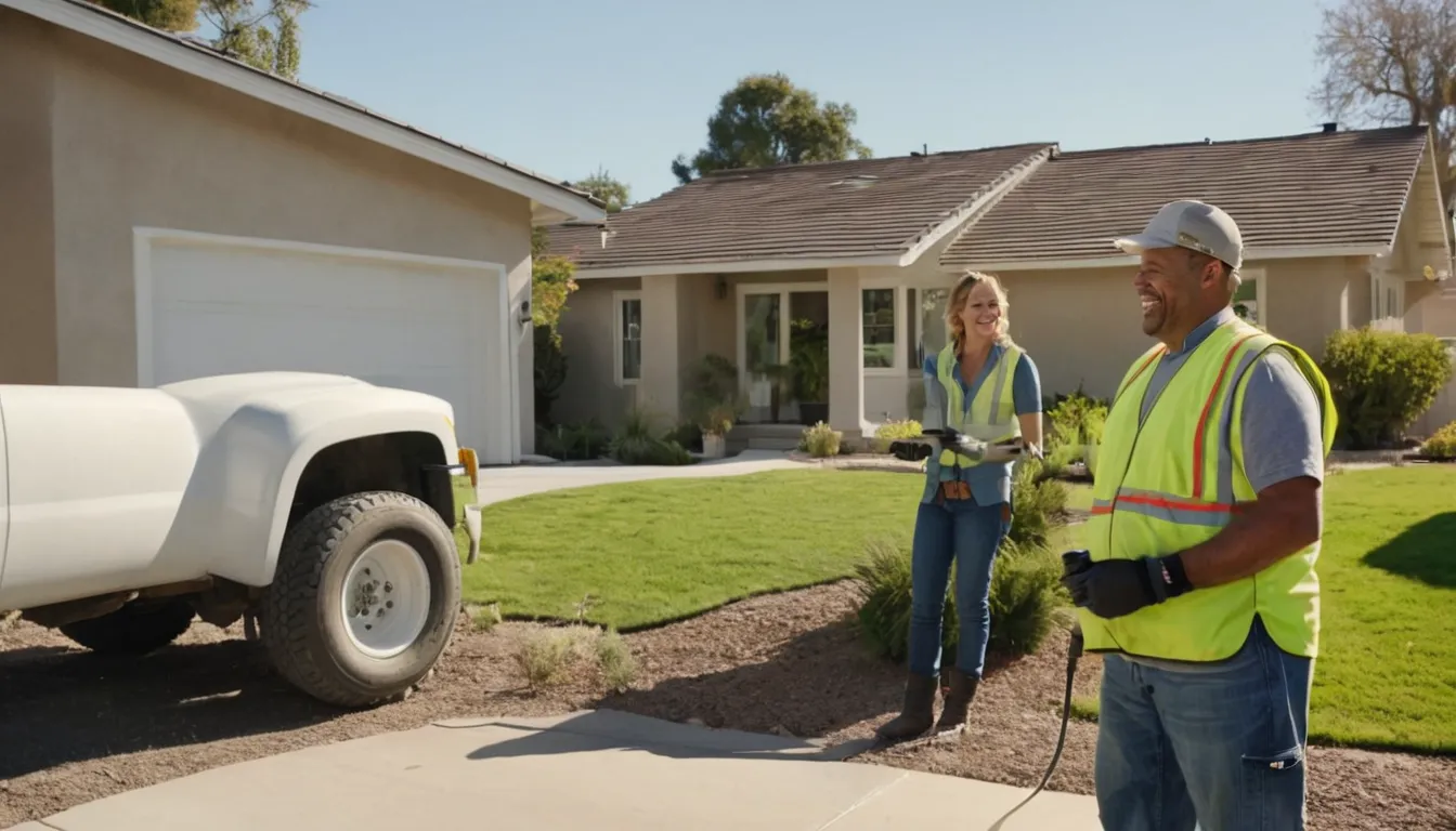 Friendly provider speaking with a homeowner beside a septic tank access area in Beaumont