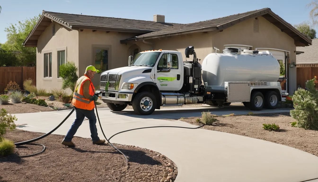 Septic pumping truck parked beside a stucco ranch home in Beaumont while a provider checks the tank lid